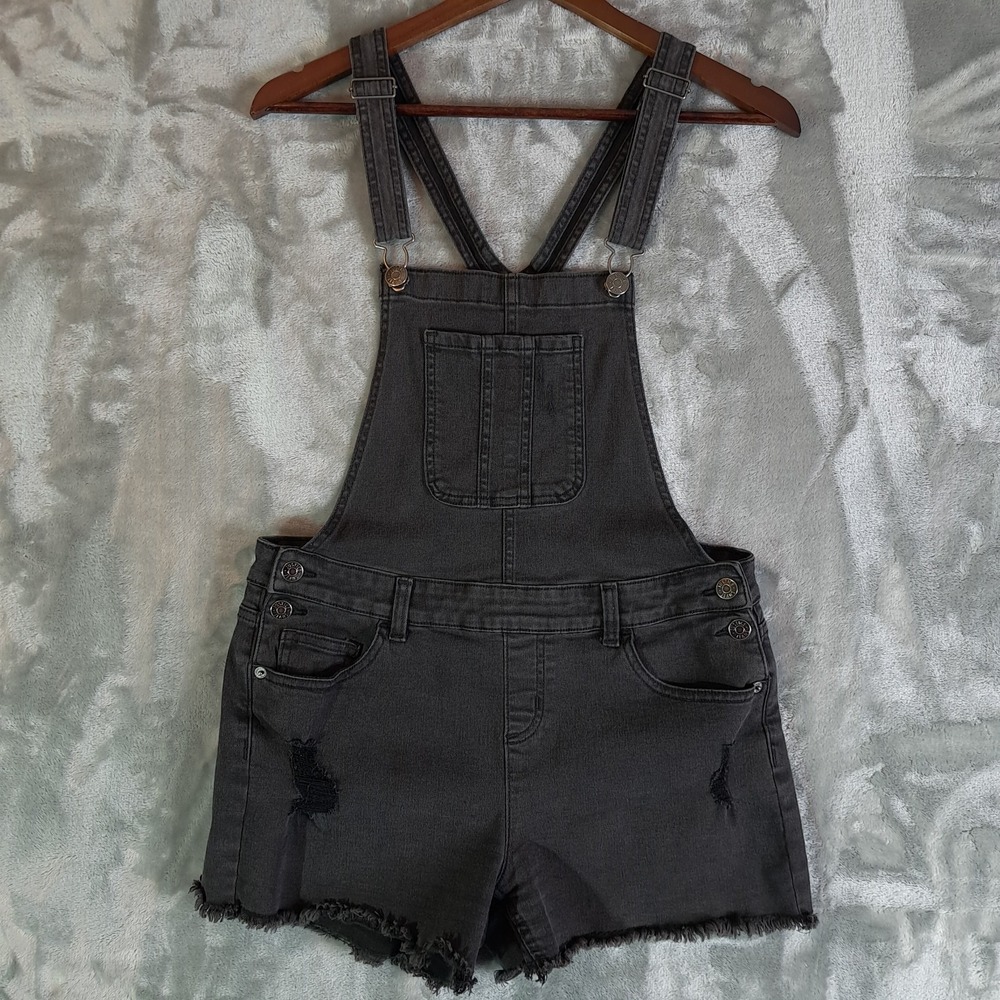 Justice Girls Denim Shortalls 20 Black Distressed Jean Overalls Frayed Hem